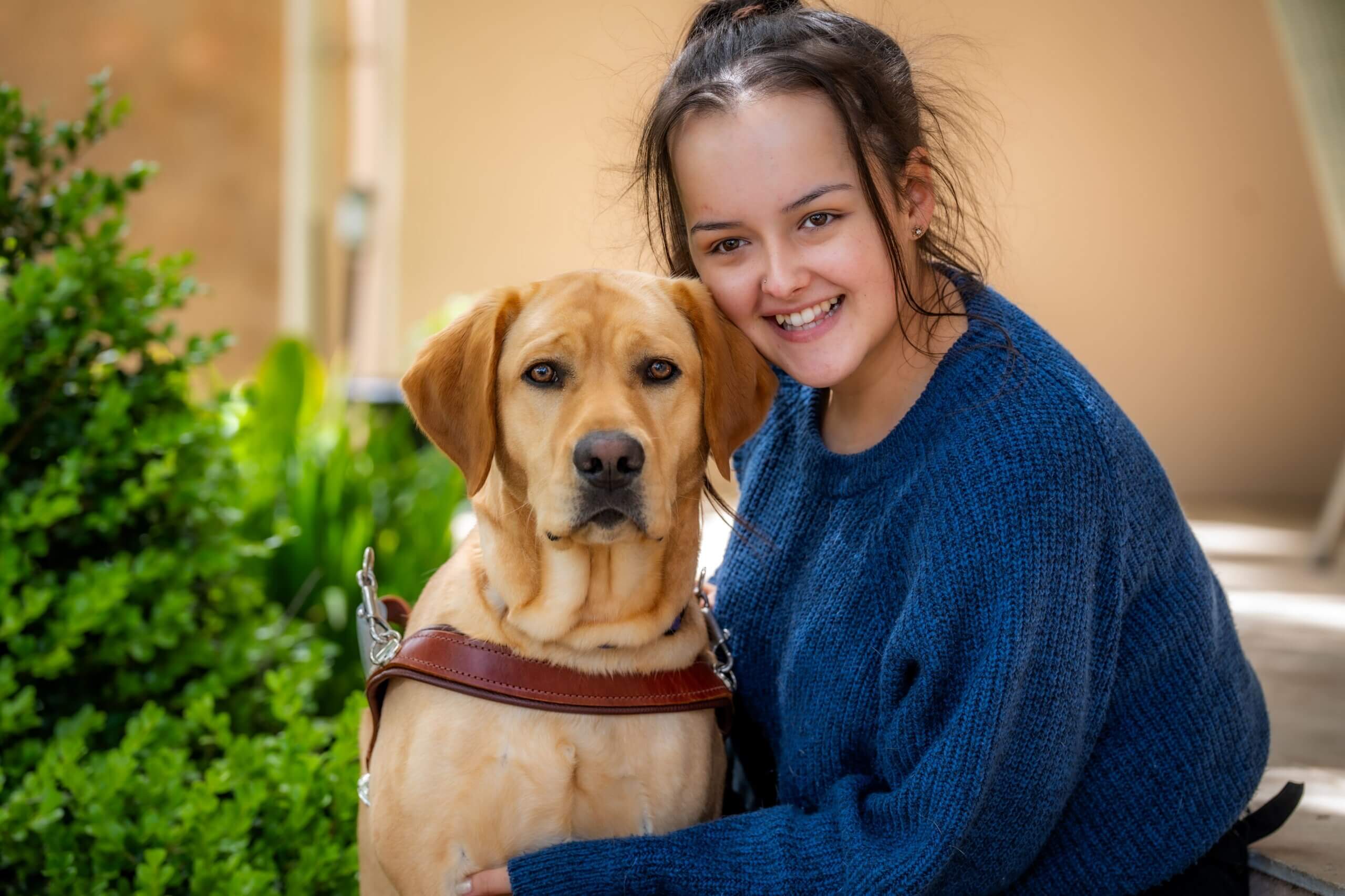 A young woman in a blue jumper hugs a yellow Labrador wearing a brown harness. They are outside near green bushes, and both look at the camera; the woman is smiling.