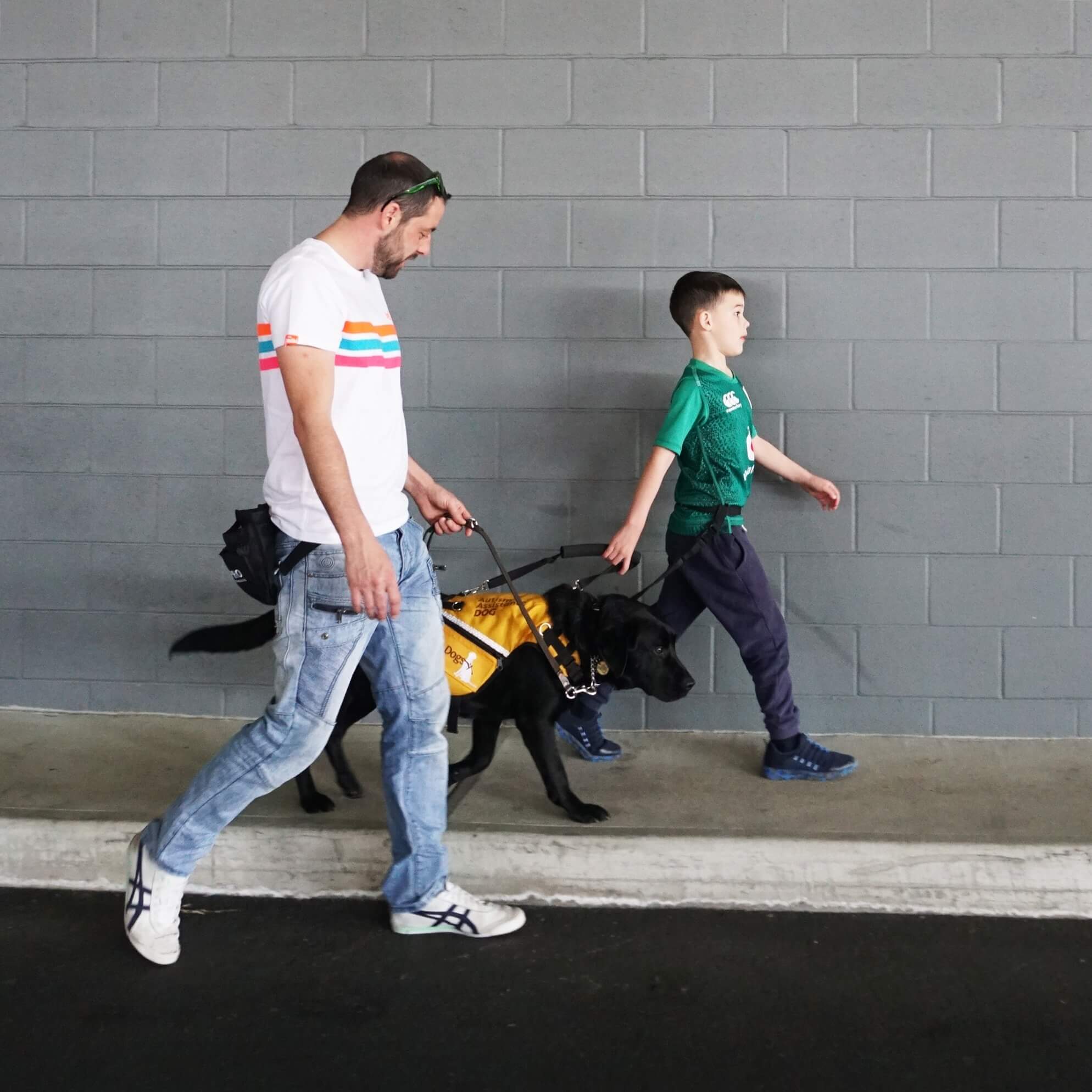 A man and a boy walk along a pavement beside a grey brick wall, accompanied by a black guide dog wearing a yellow vest. The man holds the dog’s lead while the boy walks ahead.