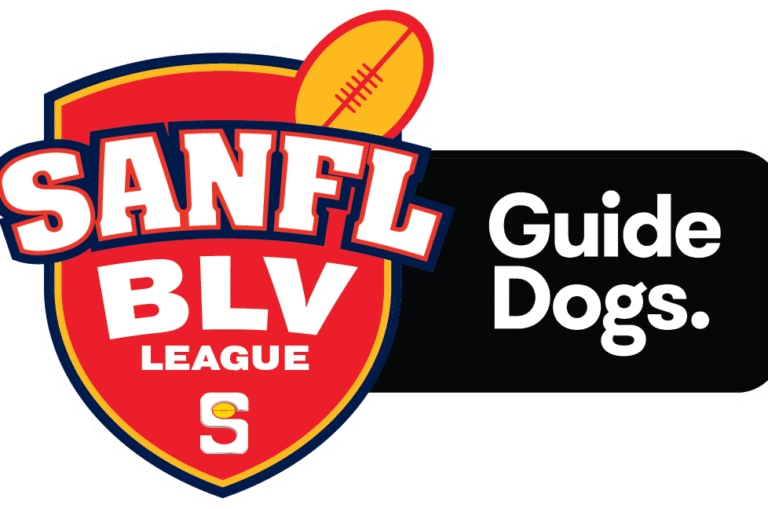 Logo featuring a red and yellow football-shaped SANFL BLV League badge next to a black rectangle with white text reading Guide Dogs.