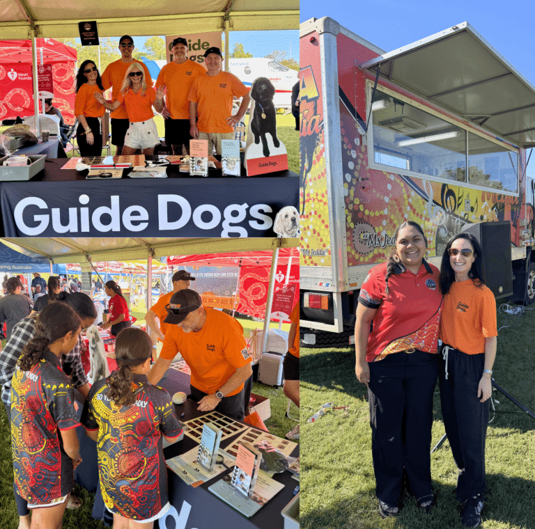 A collage showing a Guide Dogs stall at an outdoor event. Volunteers in orange shirts engage with visitors, offer information, and pose for photos. A colourful food van is visible in the background.