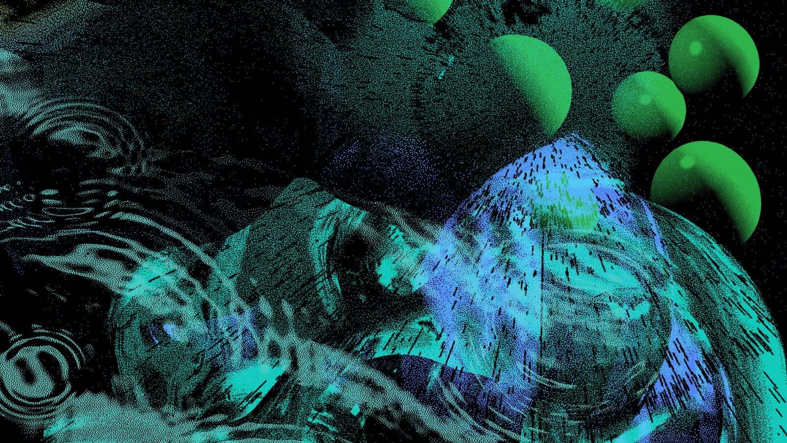 Abstract digital art featuring green spheres, blue and teal textures, and swirling patterns. The image has a dark background with bright, neon-like highlights and dynamic, layered visual elements.
