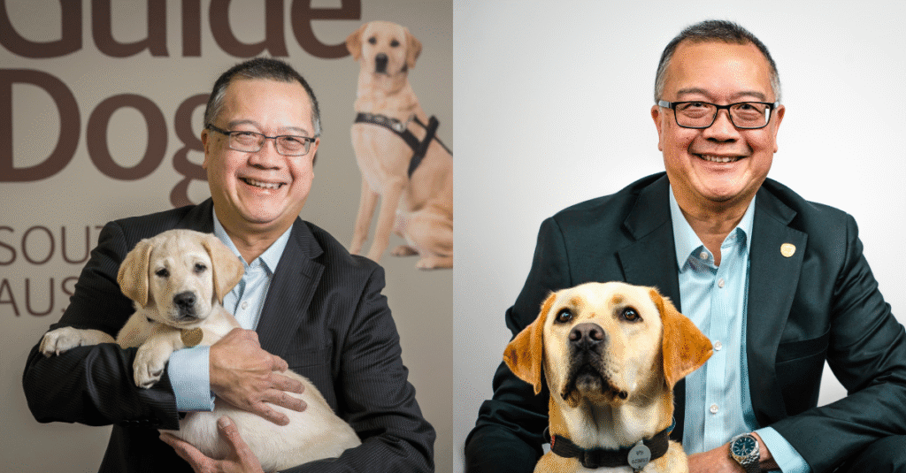 Two photos of a smiling man with glasses. In the first, he holds a yellow Labrador puppy in front of a Guide Dogs sign. In the second, he sits with an adult guide dog wearing a harness, both facing the camera.