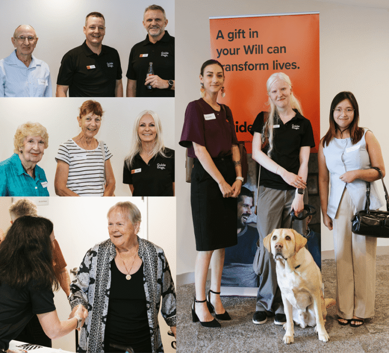 A collage of people at an event, including small groups smiling, shaking hands, and posing near a banner that reads, A gift in your Will can transform lives. One person is with a guide dog.
