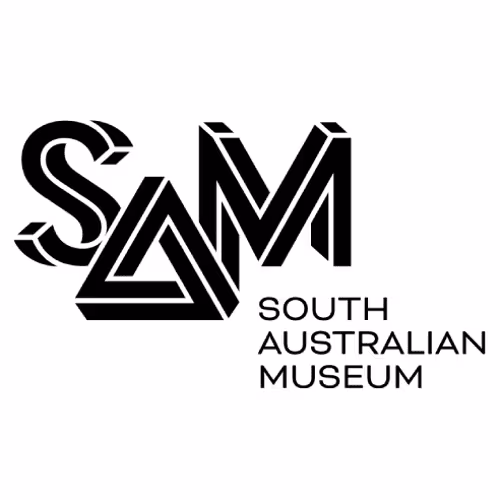 Black and white logo with the letters SAM in a geometric design above the words South Australian Museum, written in all caps on the right side.