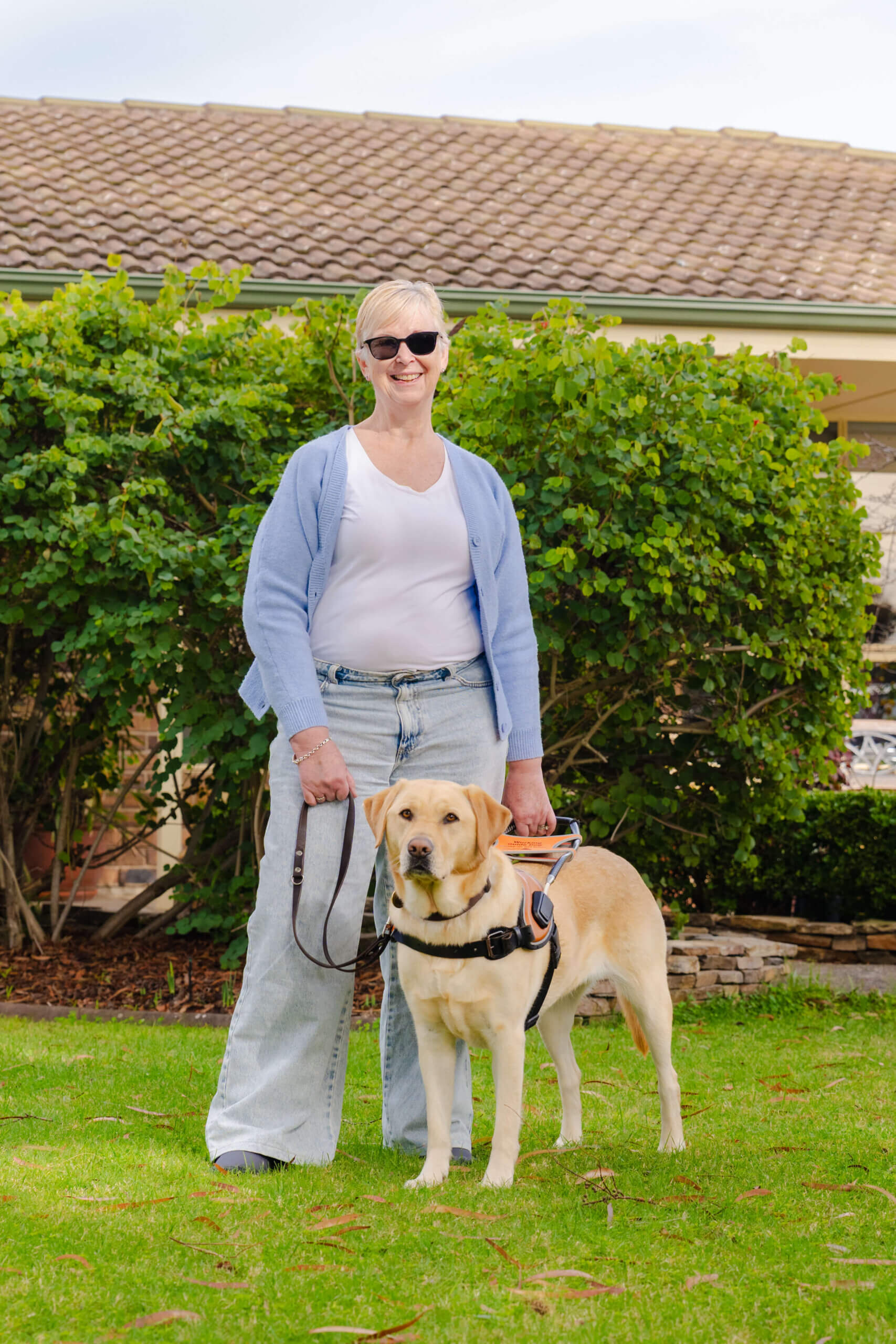 A woman wearing sunglasses stands on grass holding a harness attached to a yellow Labrador Retriever guide dog. There are bushes and a building with a tiled roof in the background, showcasing the important role that guide dogs play in supporting independence.