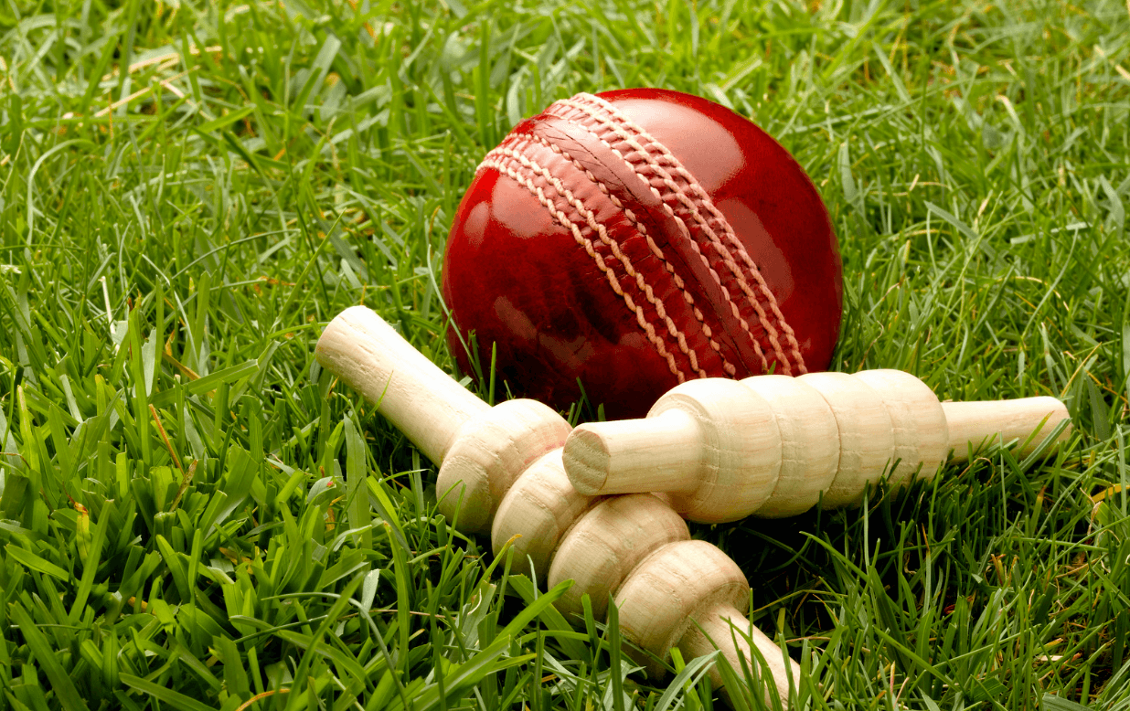 A red cricket ball and two wooden bails rest on green grass. The cricket ball has visible stitching, and the bails are placed in front of it, lying at slight angles.