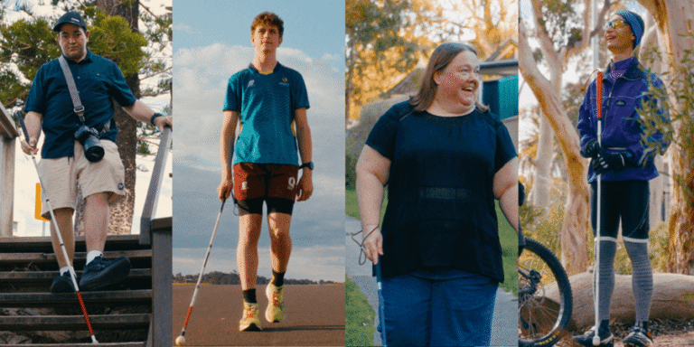 Four people with white mobility canes standing in outdoor settings.