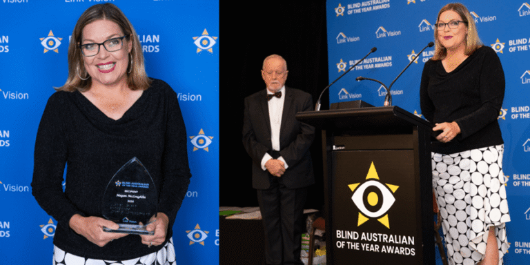 A woman in a black top and polka-dot skirt holds an award in a portrait, and later stands at a lectern to speak at the Blind Australian of the Year Awards.