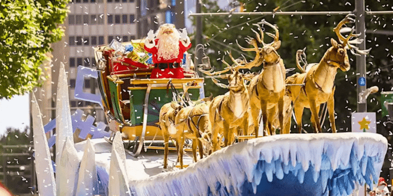 Father Christmas waves from a sleigh pulled by reindeer on a parade float, with confetti falling around them.