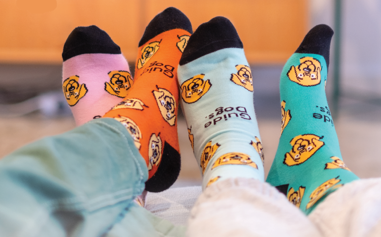 Three pairs of feet sporting socks from the Socks collection, featuring vibrant dog patterns on pink, orange, and blue-green backgrounds, are resting on a surface.