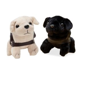 Two Mini Plush Dogs, one cream and one black, sit side by side against a white background.