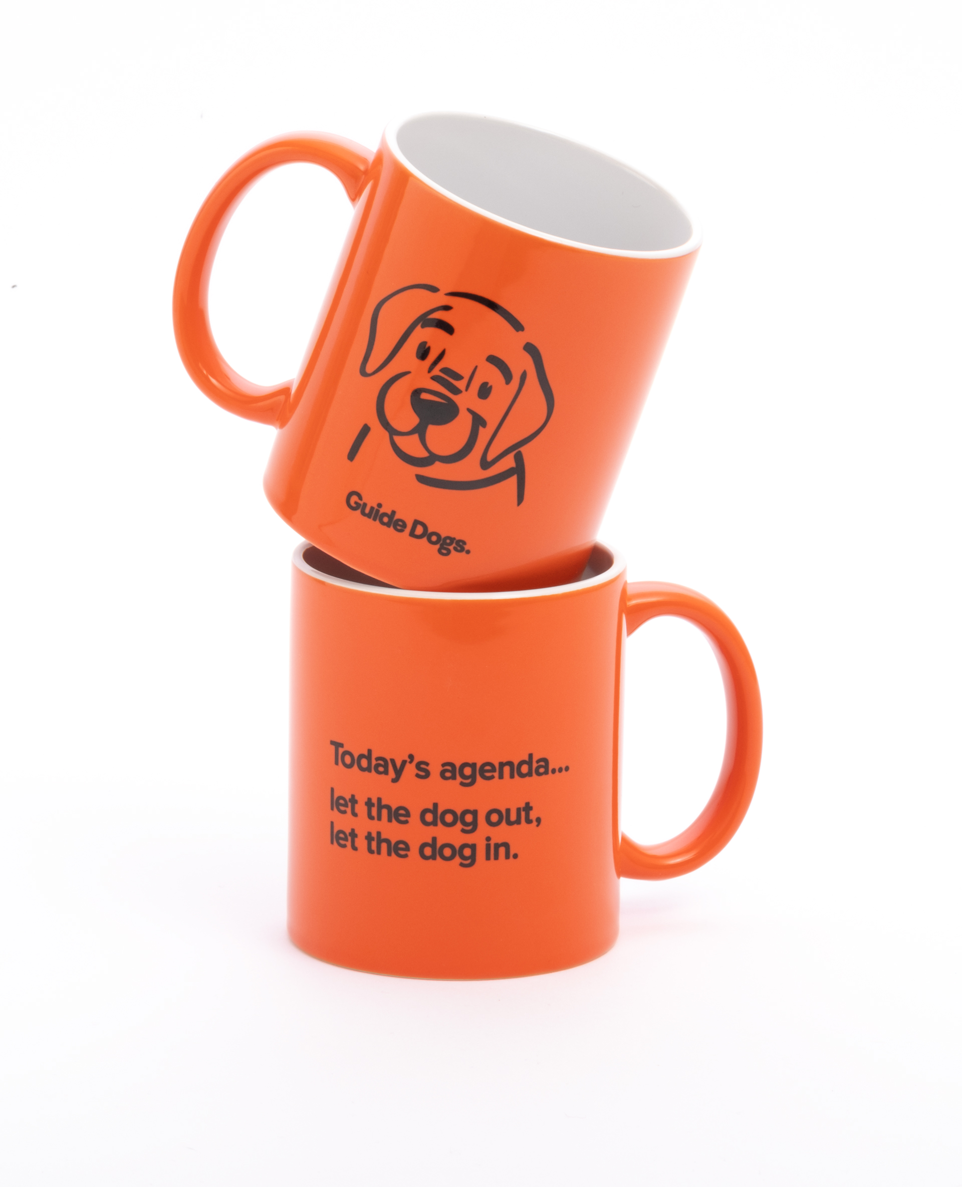 Two stacked orange mugs. The top mug shows a dogs face with the words Guide Dogs. The bottom mug reads Todays agenda... let the dog out, let the dog in.