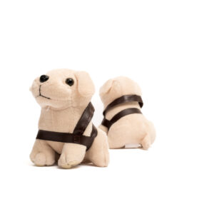 Two Mini Plush Dog toys wearing brown harnesses are positioned on a white background, facing opposite directions.