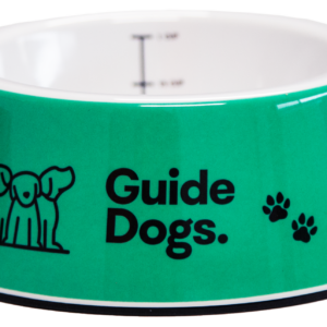 Green dog bowl with Guide Dogs text, paw prints, and a dog graphic.