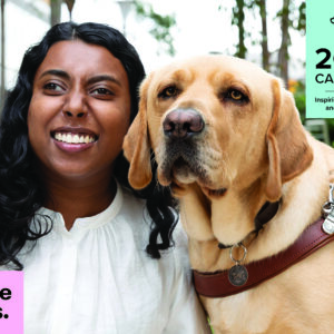 A woman smiling beside a service dog in a harness, accompanied by the 2024 Calendar text.