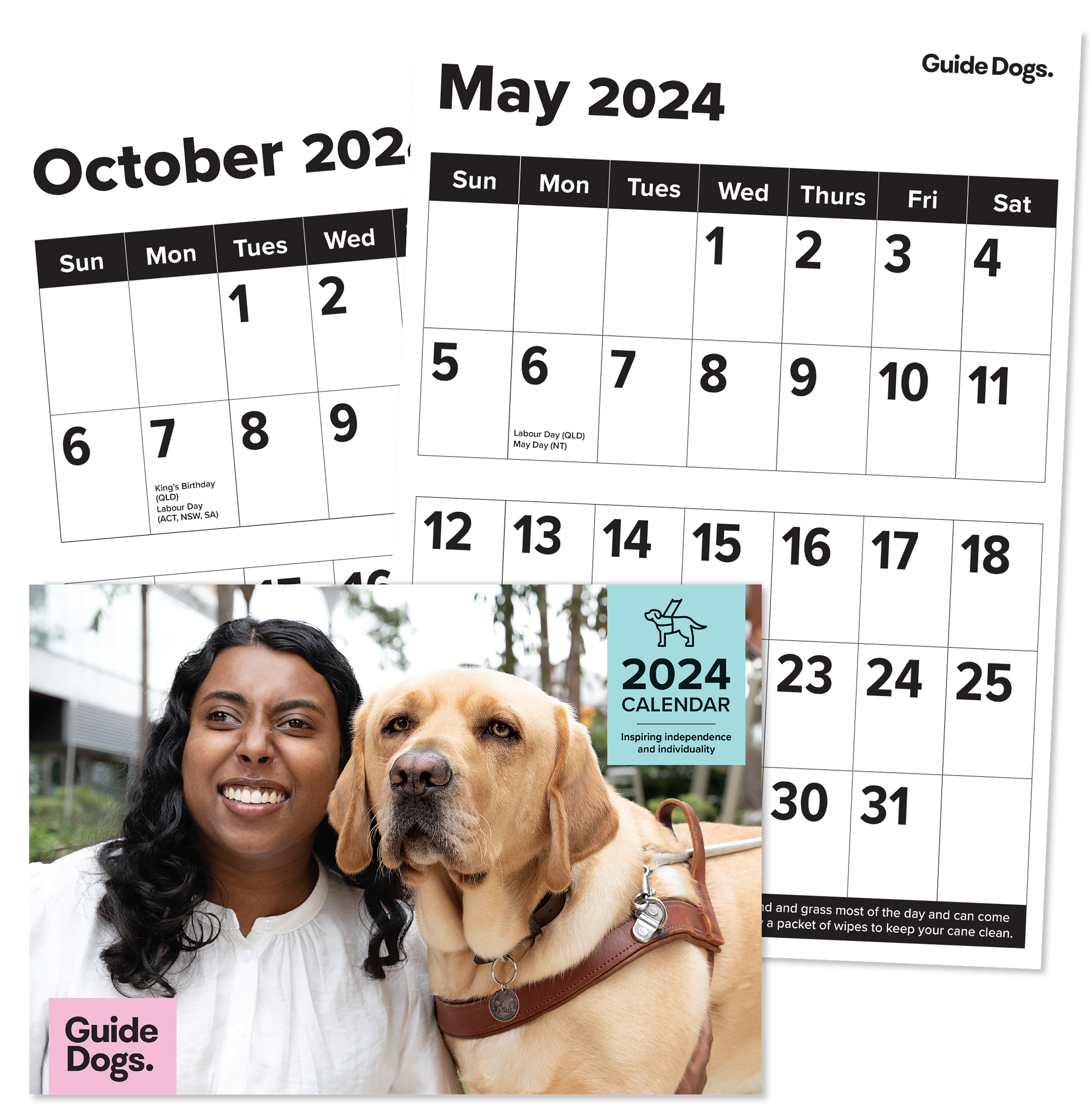 Featuring a 2024 Calendar with cover art of a smiling woman and her guide dog, and includes individual calendars for October 2023 and May 2024.
