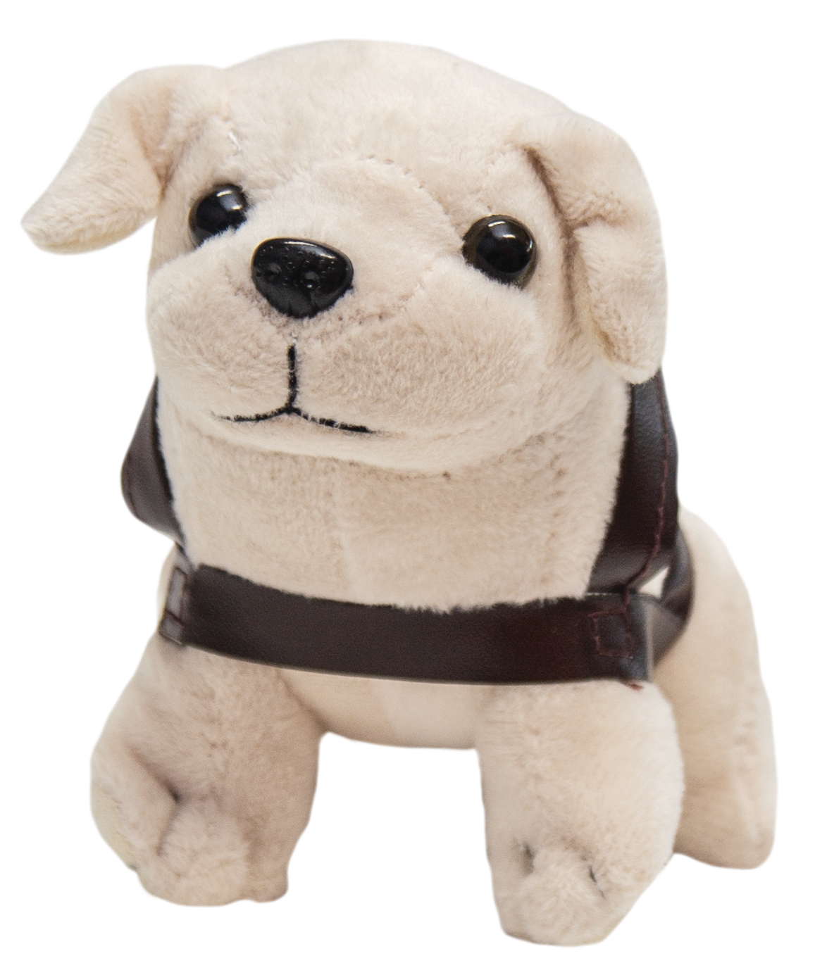 A Mini Plush Dog featuring a light beige body and black eyes, adorned with a dark brown harness, displayed against a white background.