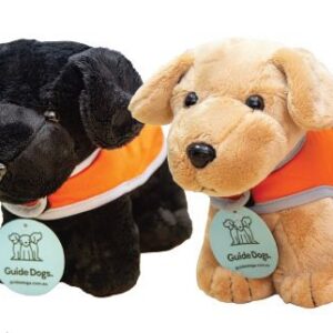 Two Plush Dog - Standing toys, one black and one tan, each wearing an orange vest and a round Guide Dogs tag around its neck.