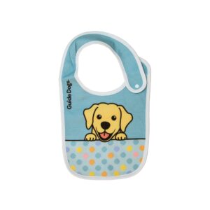 A Baby Bib in blue, featuring a cartoon yellow dog design, polka dots at the bottom, and branded with the text "Guide Dogs" along the side.