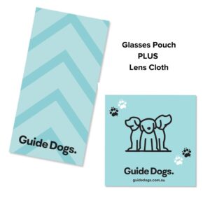 Glasses Pouch in blue with a chevron pattern, accompanied by a lens cloth illustrated with a guide dog and paw prints. Both items prominently feature the Guide Dogs branding.