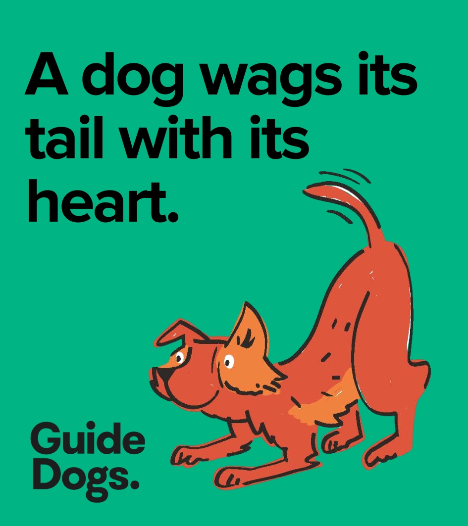 Illustration of a joyful dog with text reading, "A dog wags its tail with its heart." Brand: Guide Dogs. Product: Magnets-5 Pack.