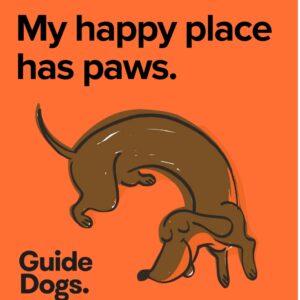 Illustration of a joyful, leaping dachshund on an orange background with text: My happy place has paws. Guide Dogs - Magnets-5 Pack.