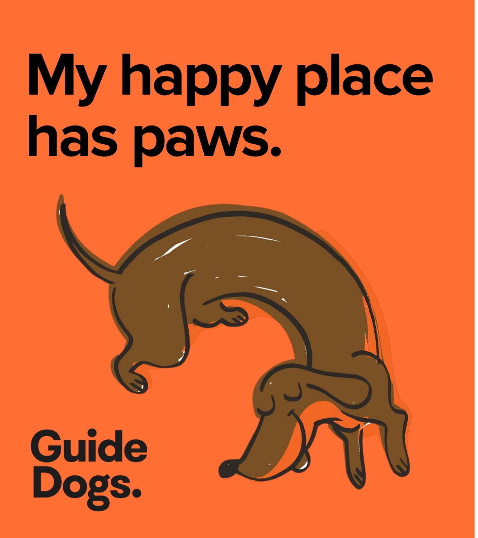Illustration of a joyful, leaping dachshund on an orange background with text: My happy place has paws. Guide Dogs - Magnets-5 Pack.