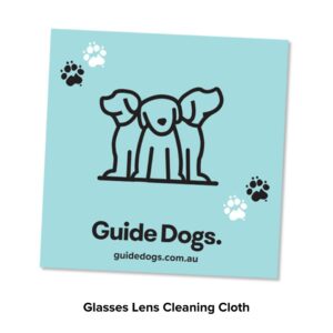 Blue cloth glasses pouch featuring a line drawing of three dogs and the text "Guide Dogs" along with "guidedogs.com.au," adorned with two paw prints in the corners.
