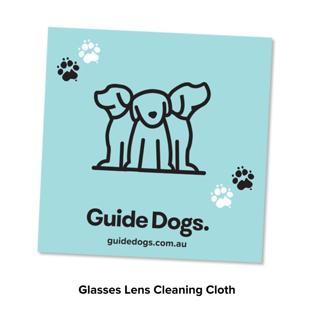 Blue cloth glasses pouch featuring a line drawing of three dogs and the text "Guide Dogs" along with "guidedogs.com.au," adorned with two paw prints in the corners.