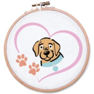 Embroidery named "Cross Stitch" featuring a dog with a blue collar inside a pink heart, along with two orange paw prints in a wooden hoop.