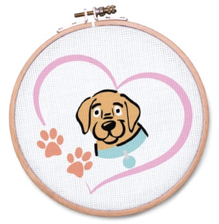 Embroidery named "Cross Stitch" featuring a dog with a blue collar inside a pink heart, along with two orange paw prints in a wooden hoop.