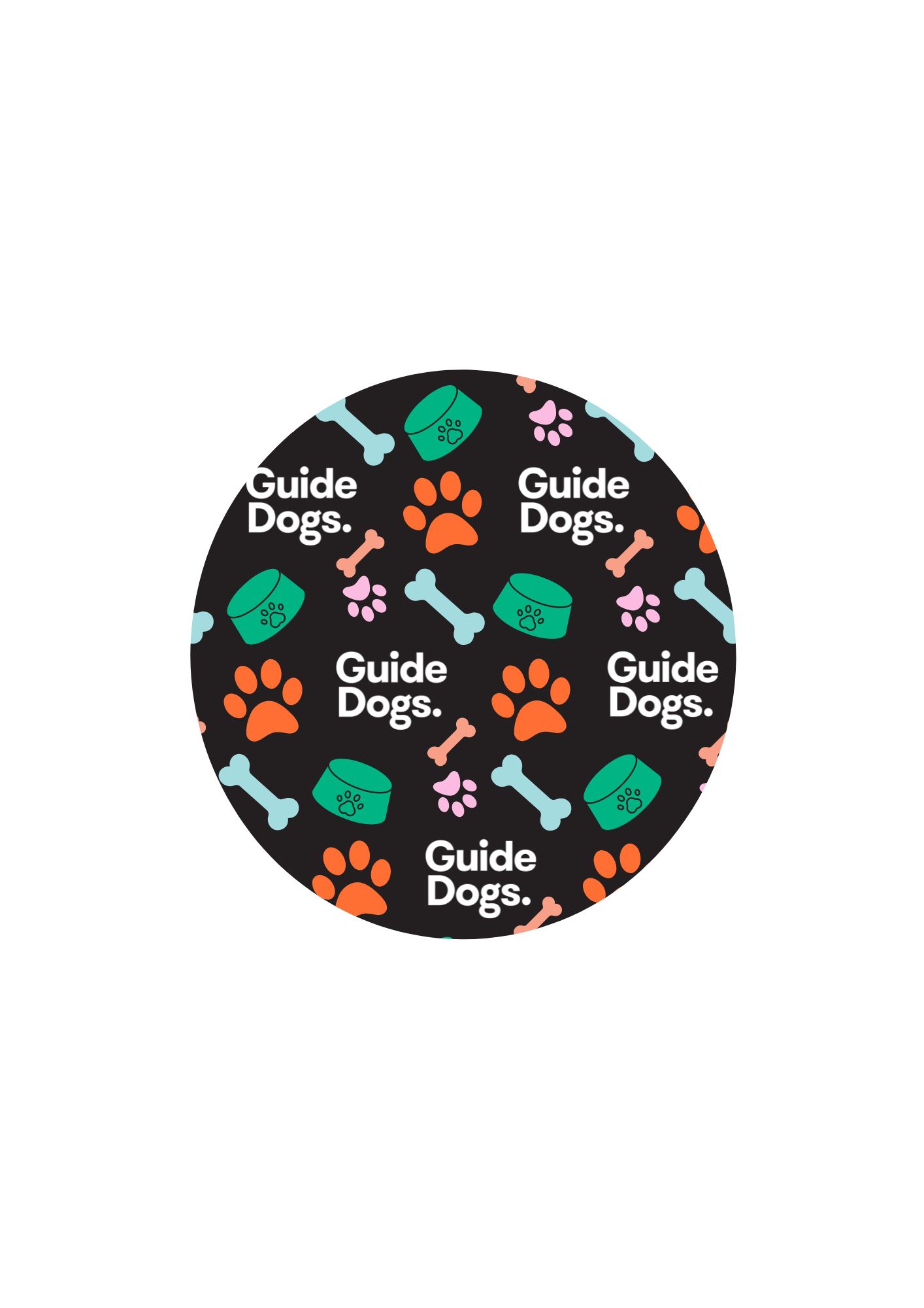 Circular design featuring the text "Guide Dogs" adorned with orange paw prints, pink and blue bones, and green bowls against a black background, inspired by the Dog Lead - Black product.