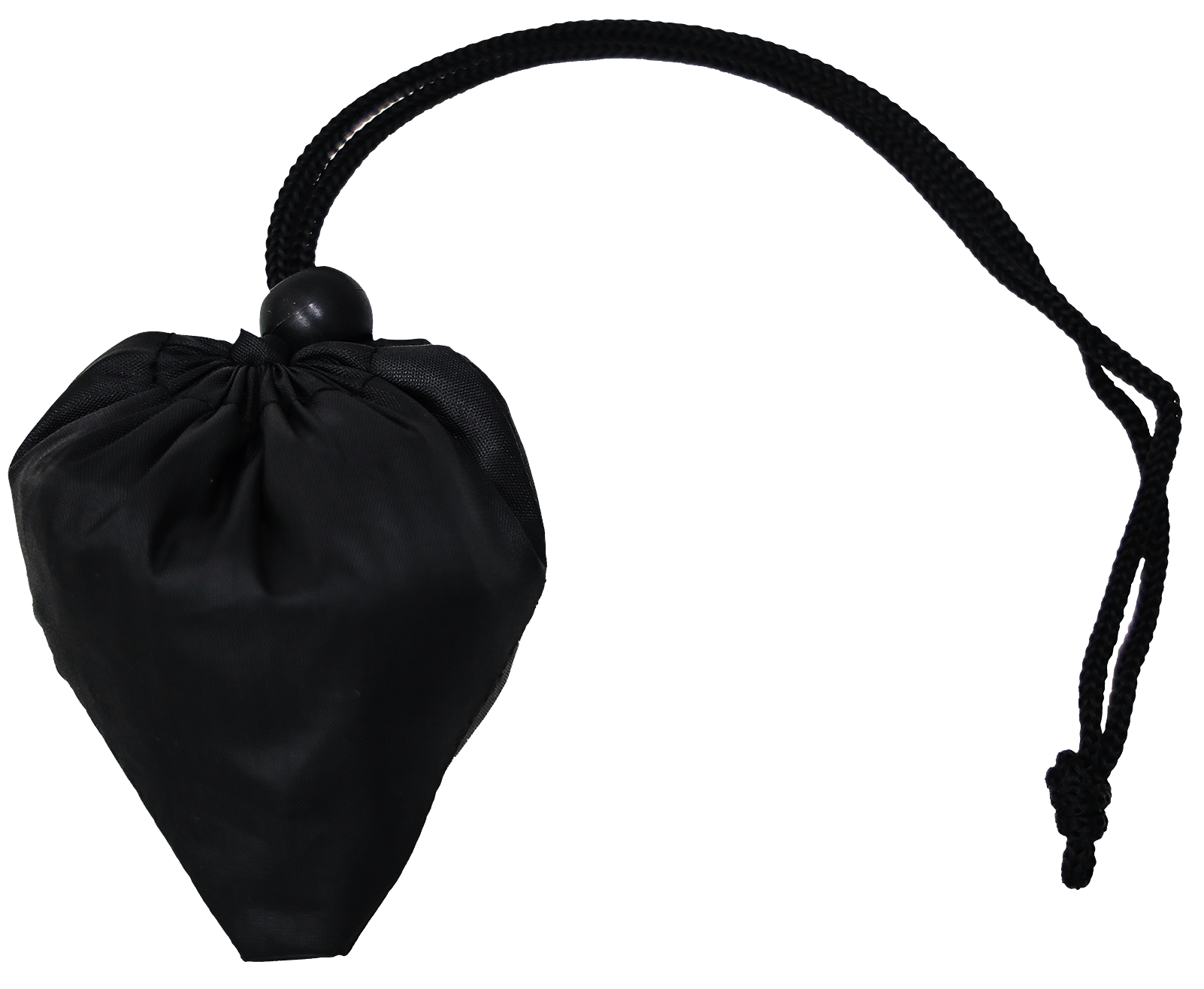 A black Foldable Bag with a long cord, cinched at the top with a bead.