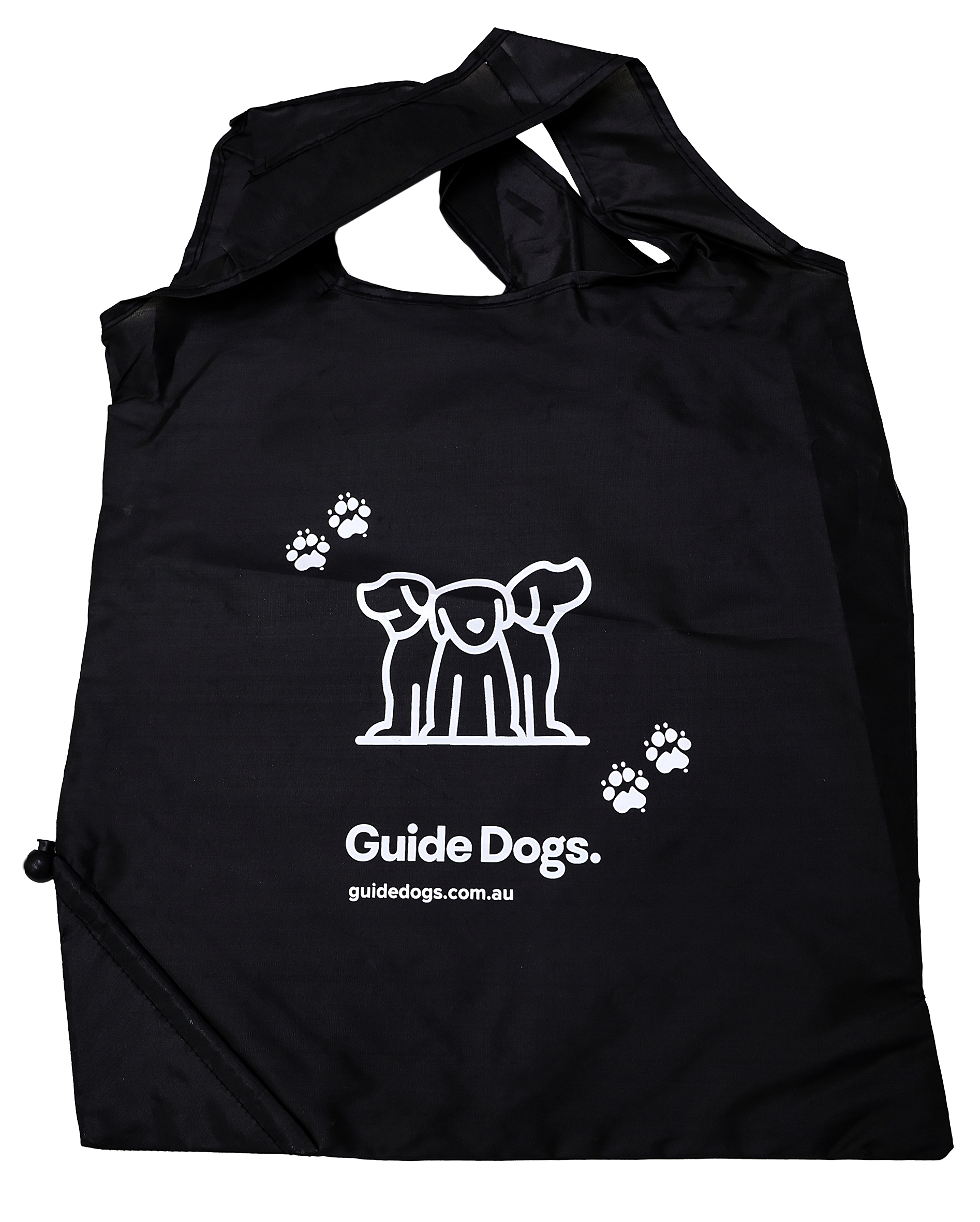 Black foldable bag featuring a white logo with three dogs and paw prints. The text reads "Guide Dogs" and "guidedogs.com.au.