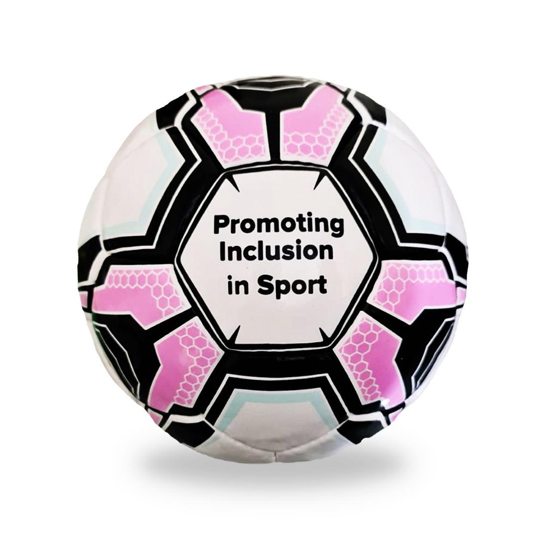 The Audible Soccer Ball features a white, black, and pink pattern with the text "Promoting Inclusion in Sport" prominently displayed in the center.