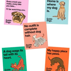 Five vibrant magnets featuring playful dog illustrations and dog-themed quotes, promoting Guide Dogs.