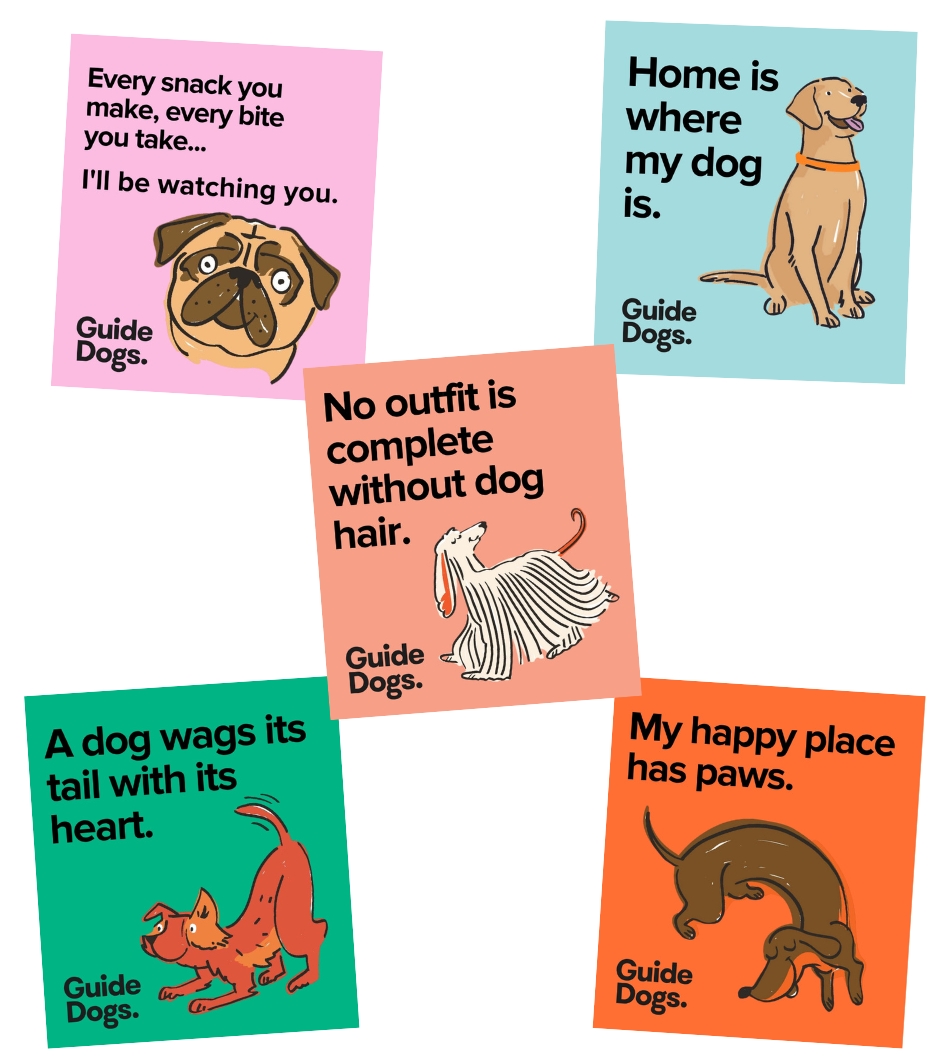 Five vibrant magnets featuring playful dog illustrations and dog-themed quotes, promoting Guide Dogs.
