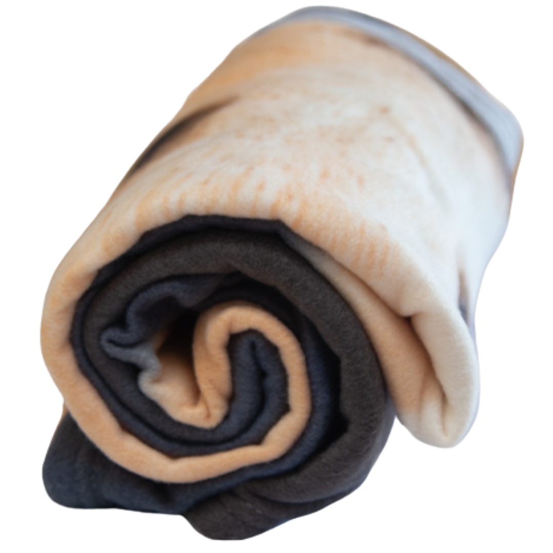 Rolled up Polar Fleece Rug - Puppy Friends in beige and dark gray.