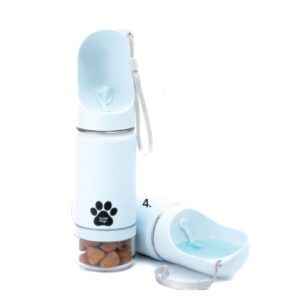 Light blue Pet Food and Water Bottle, featuring an integrated treat compartment, a charming paw print design, and a convenient wrist strap for portability.