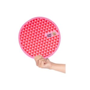 A hand holding a Twist Fan with a pink circular design, featuring a red triangle pattern and a Guide Dogs logo.