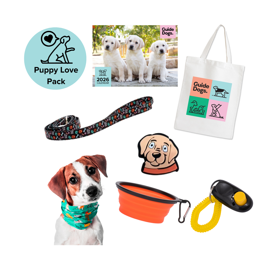 The Guide Dogs Puppy Love Pack includes a tote bag, calendar, dog lead, bandana, collapsible bowl, clicker and shoe charm.