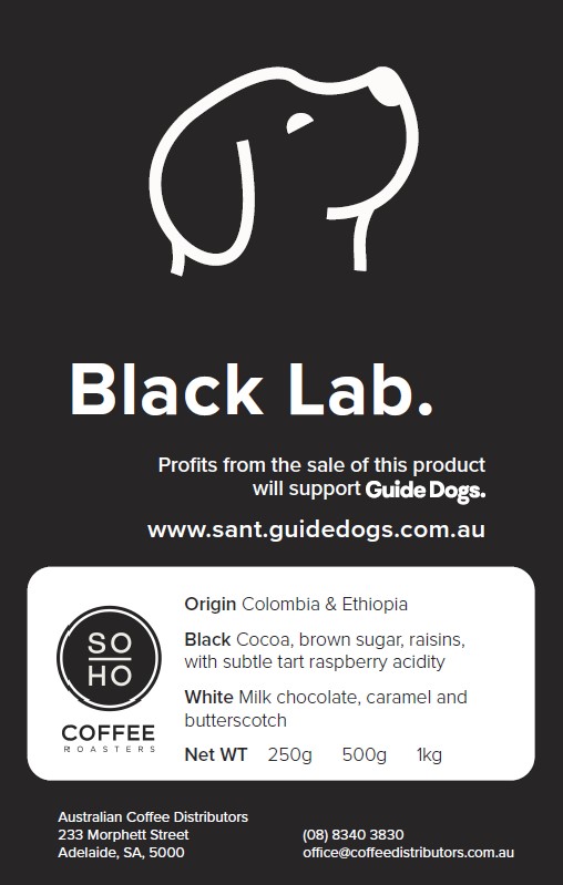 Coffee label for Black Lab. Profits support Guide Dogs. Features cocoa, brown sugar, and raspberry notes. Available in 250g, 500g, and 1kg. Contact info and website provided.