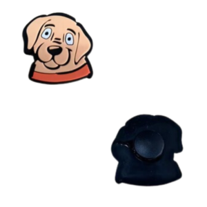 A shoe charm showcasing a cartoon dogs face with an orange collar. The back of the charm is displayed separately.