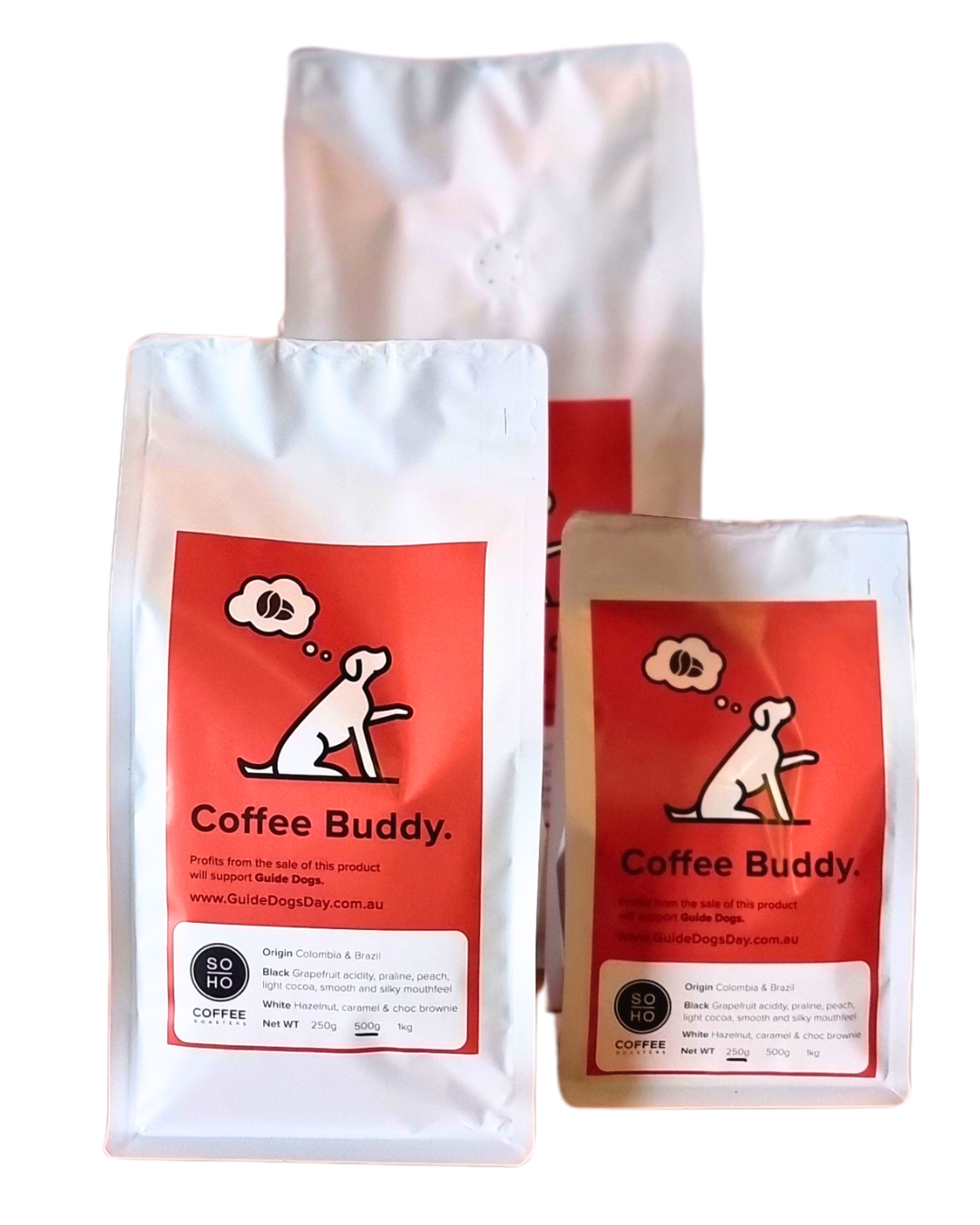 Three white and red bags labeled Soho Coffee and Hot Chocolate with a cartoon dog logo, arranged in front of each other on a plain background.
