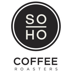 Logo of Soho with bold white text in two lines inside a black circle, with Coffee Roasters below in black text.