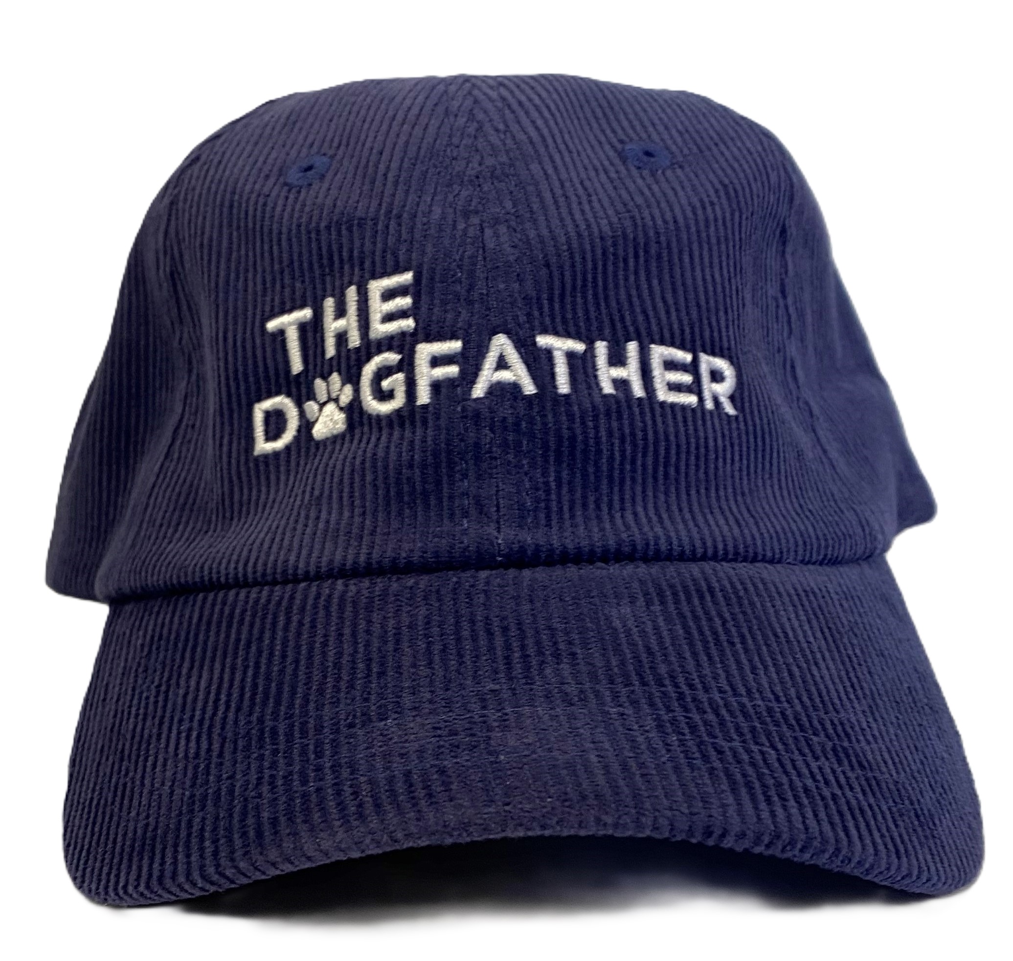 The Dogfather Cap - is a navy corduroy baseball cap featuring THE DOGFATHER embroidered on the front, with the O replaced by a paw print.