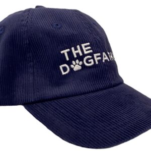 The Cap - Blue Corduroy is a navy blue corduroy baseball cap with THE DOGFANG embroidered in white on the front, where the letter O is replaced by a paw print.