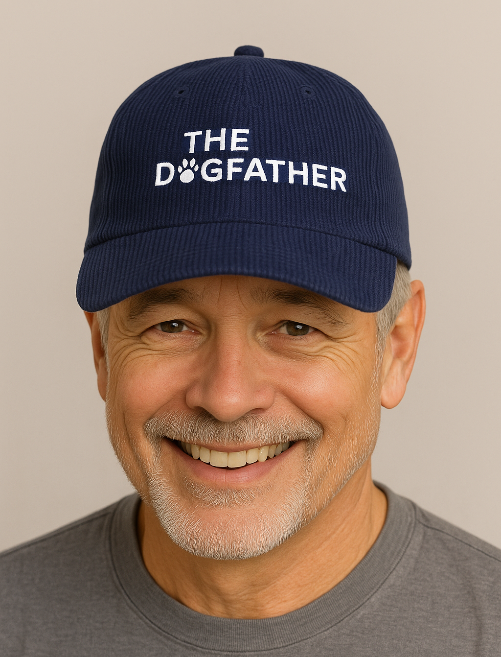 Smiling older man wears a blue corduroy cap with THE DOGFATHER embroidered in white, featuring a paw print as the letter O.