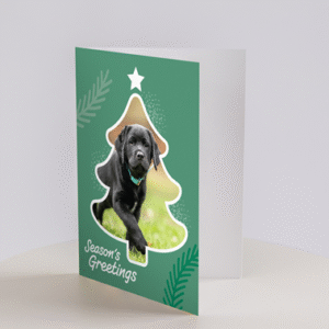 Christmas Cards - Puppies: A festive card featuring a cut-out Christmas tree shape with a black puppy inside, green background, and Seasons Greetings at the bottom.