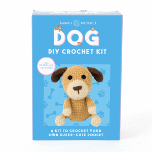 The Crochet Kit includes all materials needed to make a stuffed dog and features an image of the finished crocheted dog on the box.